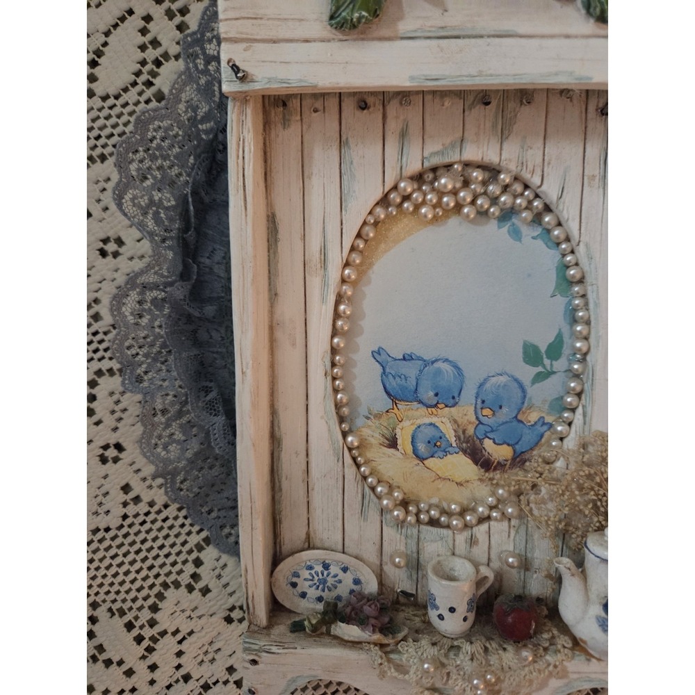 Vintage‎ Wall Art FramedPicture W Baby Blue Birds Lace Faux Pearls Cottage Cute - Picture 5 of 8